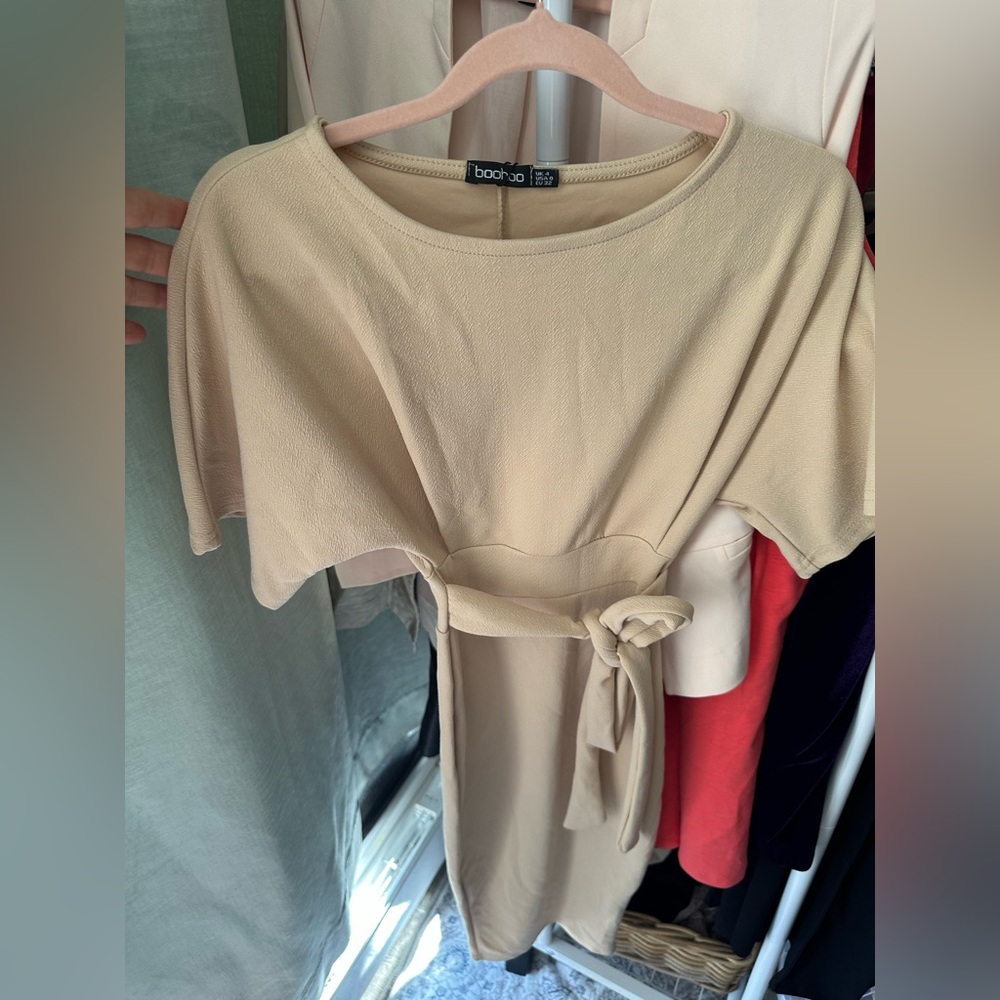 Boohoo Cream Belted Dress